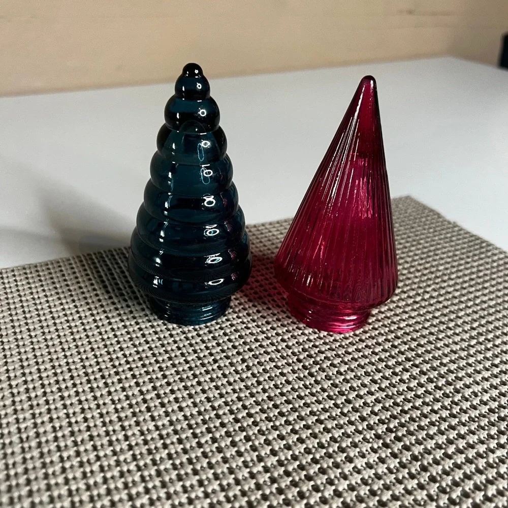 Vintage Glass Christmas Tree Finials Teal and Magenta Ribbed Tiered Decor 4.5